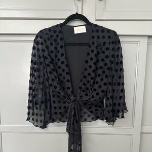 Black Sheer Polka Dot Tie-Front Top